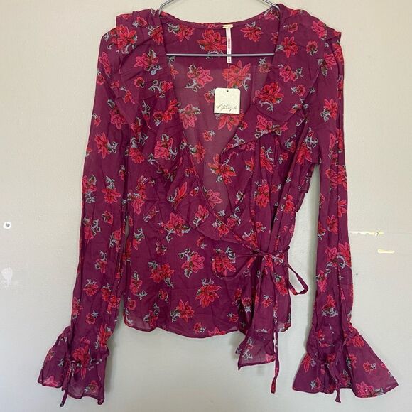 Free People NWT Pink Floral Sultry Combo Amanda Ruffle Top Blouse Size XS - Picture 2 of 9